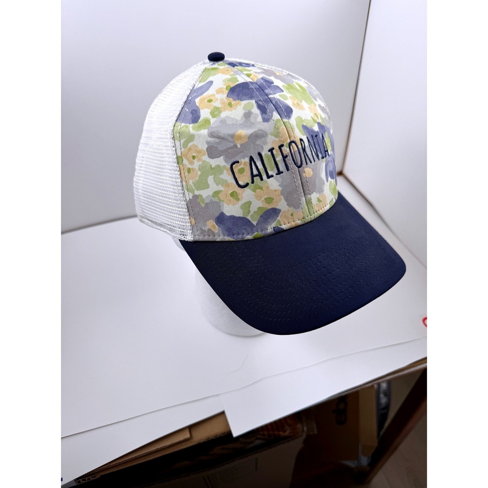 California Trucker Hat Floral Mesh Snapback Cap Navy Blue White OSFM